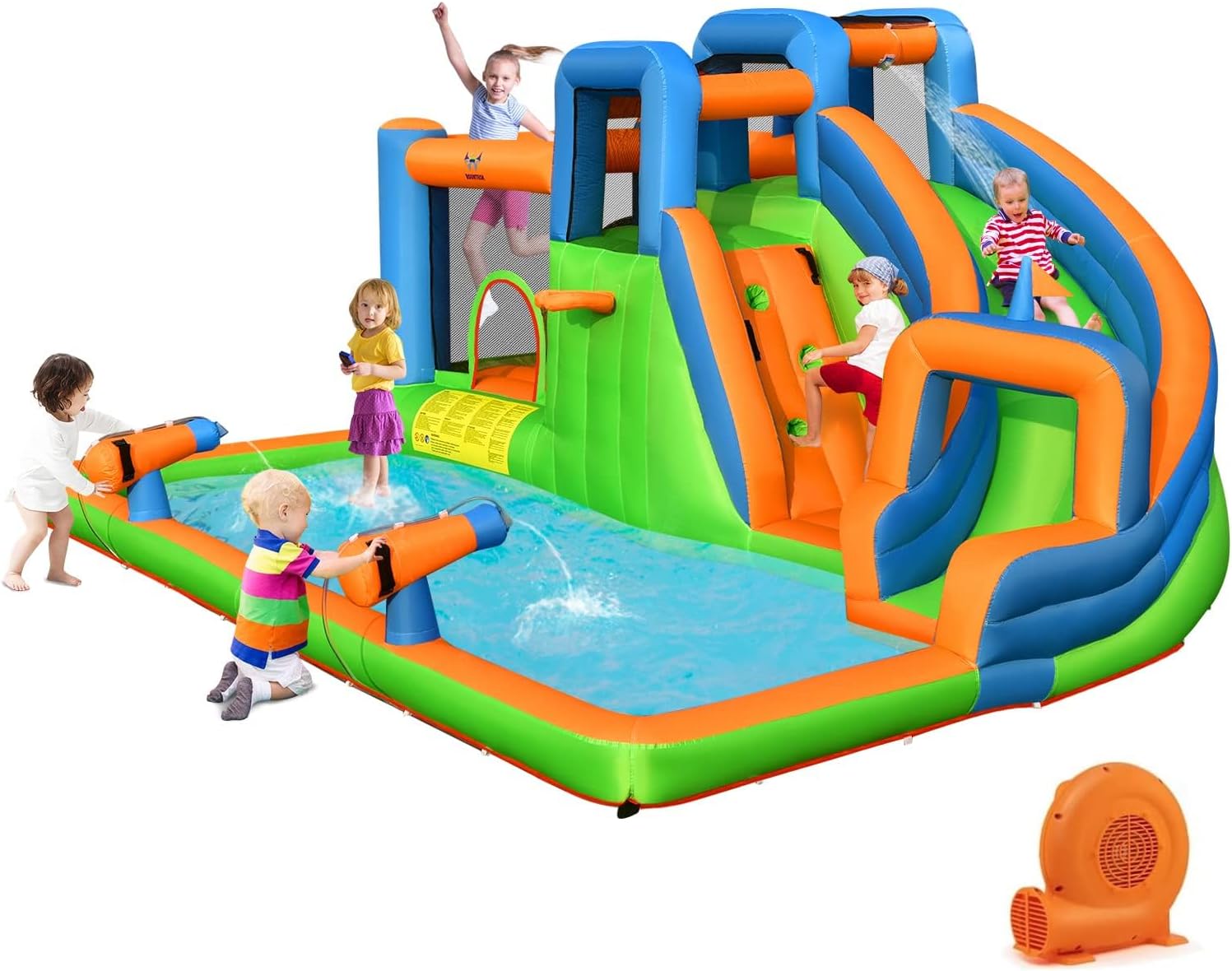 BOUNTECH Inflatable Water Slide, 6-in-1 Kids Water Park Jump Castle with 2 Splash Pools, Boxing, Water Slides Inflatables for Kids, Blow up Backyard Party Outdoor Water Slide Bounce House with Blower