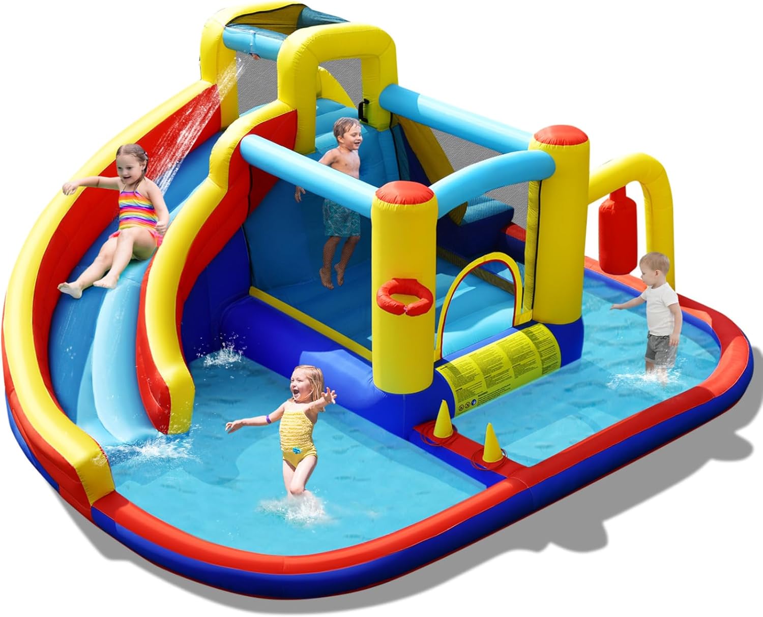 BOUNTECH Inflatable Water Slide, 6-in-1 Kids Water Park Jump Castle with 2 Splash Pools, Boxing, Water Slides Inflatables for Kids, Blow up Backyard Party Outdoor Water Slide Bounce House with Blower