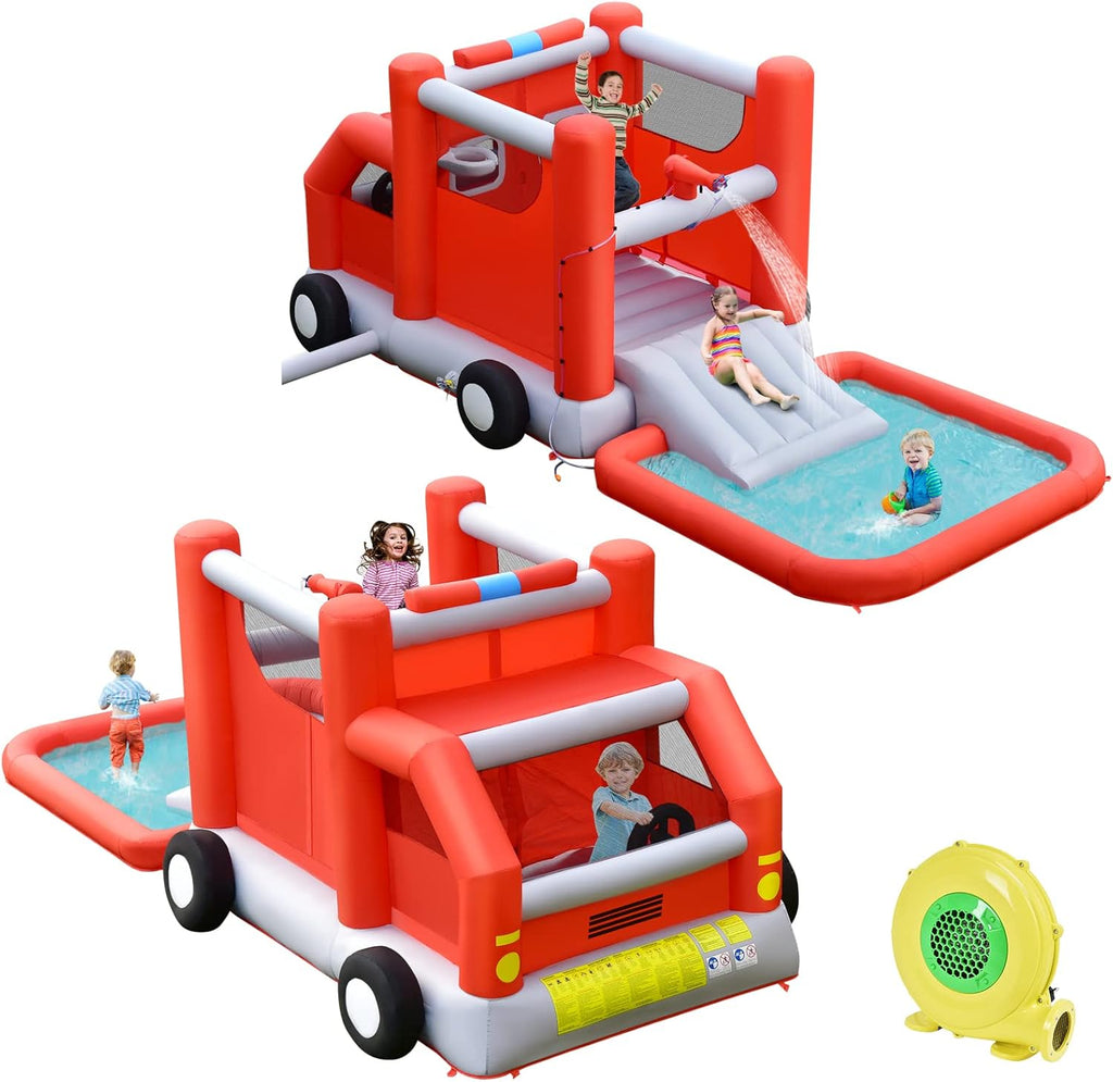 HONEY JOY Inflatable Water Slide, 4 in 1 Fire Truck Water Park Jumping Bounce House Wet Dry Combo with Splash Pool, Basketball Hoop, Inflatable Ball, Cab, Water Slides for Backyard (with 680W Blower)