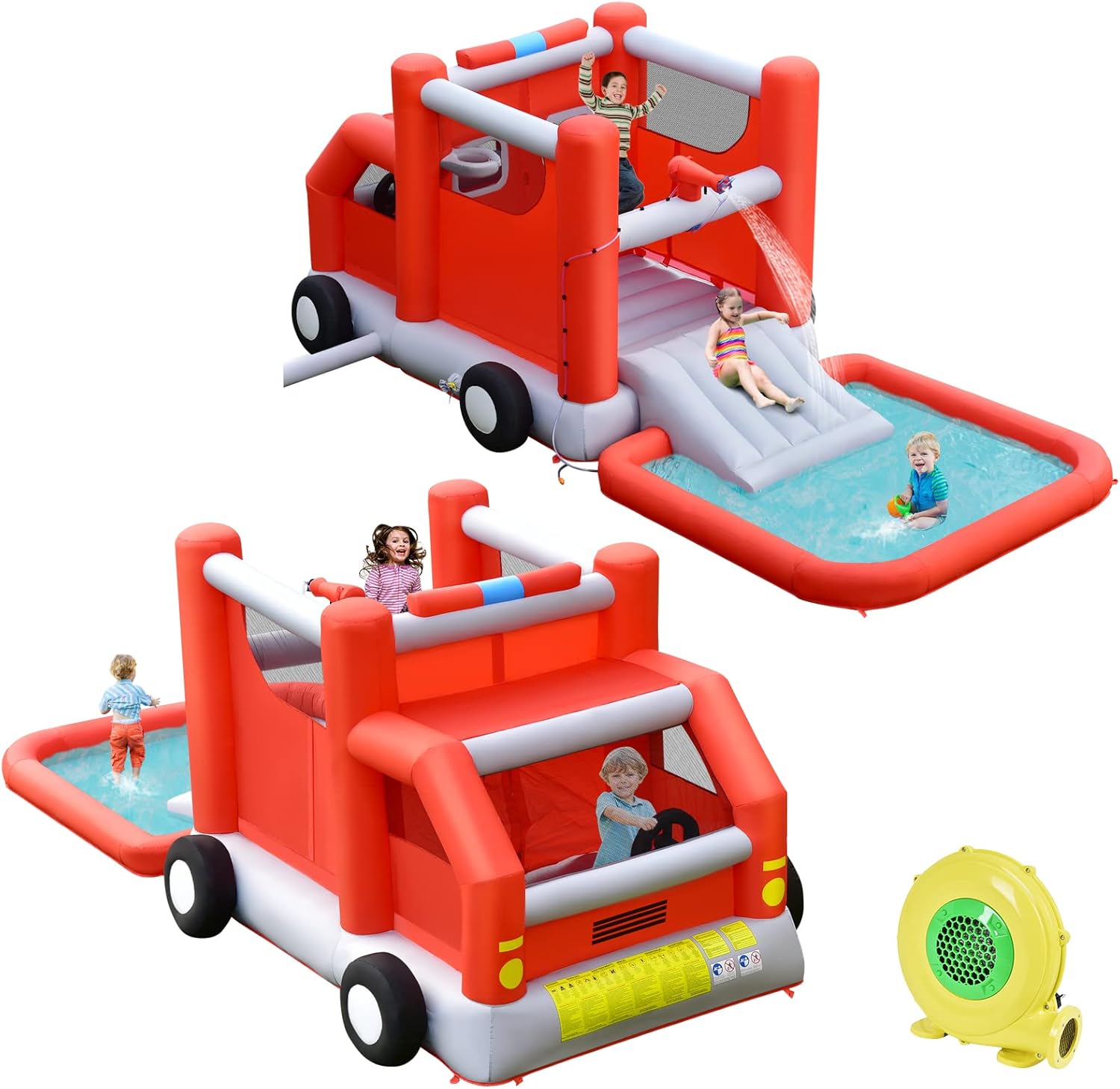 HONEY JOY Inflatable Water Slide, 4 in 1 Fire Truck Water Park Jumping Bounce House Wet Dry Combo with Splash Pool, Basketball Hoop, Inflatable Ball, Cab, Water Slides for Backyard (with 680W Blower)