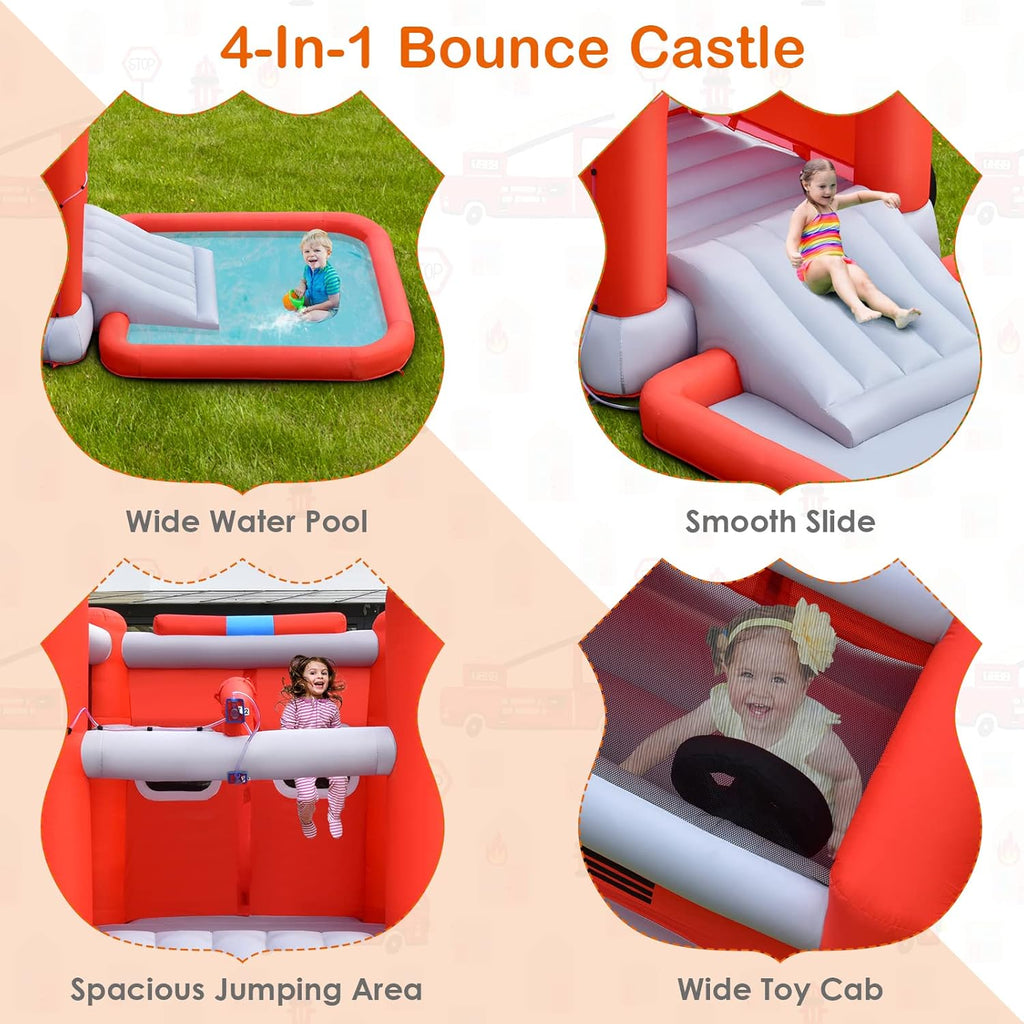 HONEY JOY Inflatable Water Slide, 4 in 1 Fire Truck Water Park Jumping Bounce House Wet Dry Combo with Splash Pool, Basketball Hoop, Inflatable Ball, Cab, Water Slides for Backyard (with 680W Blower)
