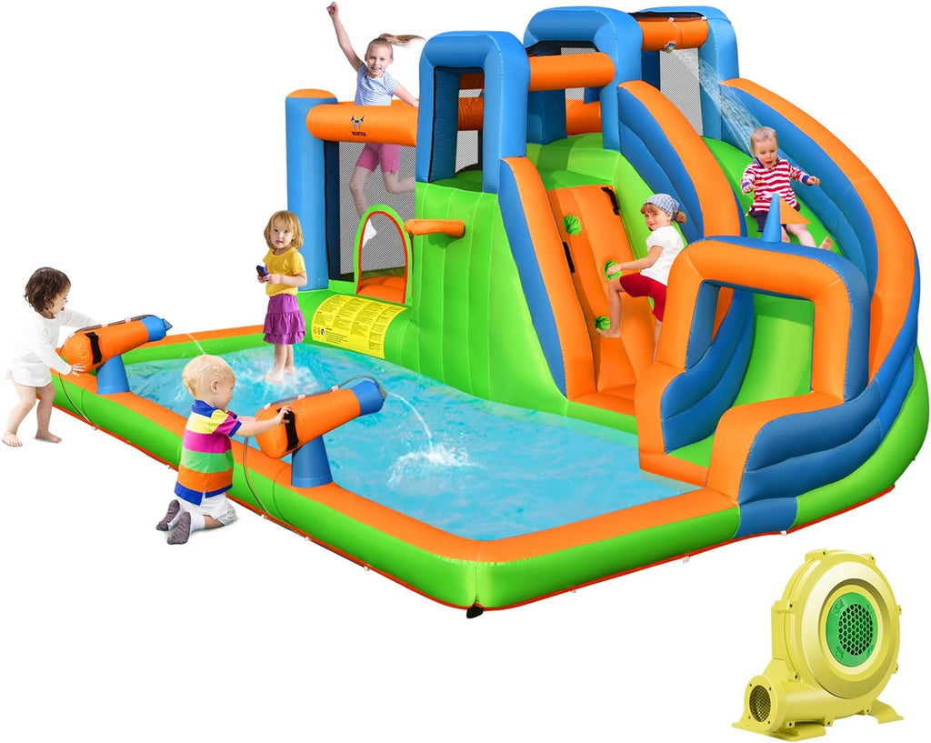 BOUNTECH Inflatable Water Slide, 6-in-1 Kids Water Park Jump Castle with 2 Splash Pools, Boxing, Water Slides Inflatables for Kids, Blow up Backyard Party Outdoor Water Slide Bounce House with Blower