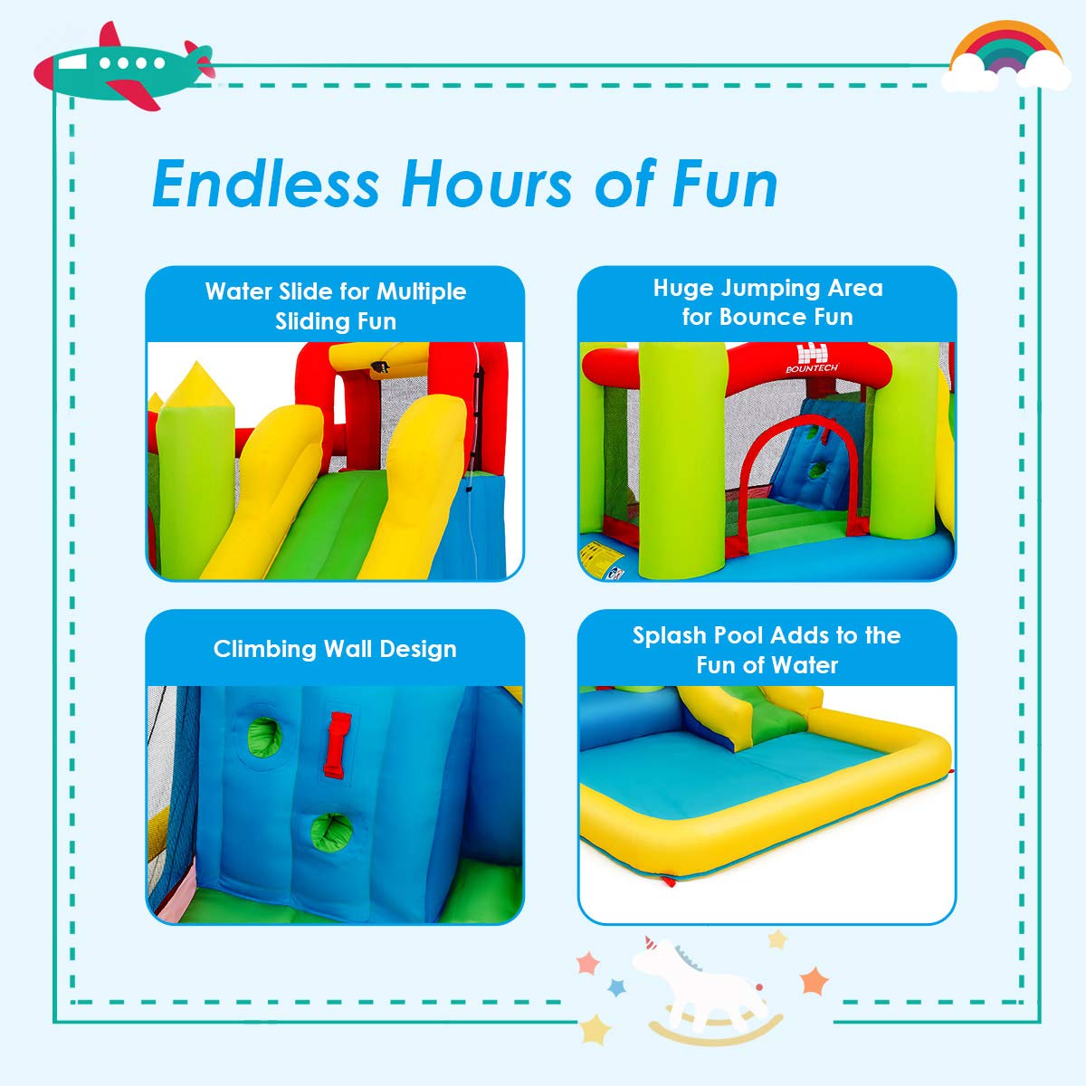 Costzon Inflatable Bounce House, Kids Water Slide with Climbing Wall, Jumping Area, Plash Pool, Including Oxford Carry Bag, Repairing Kit, Stakes, Hose (Without Blower)