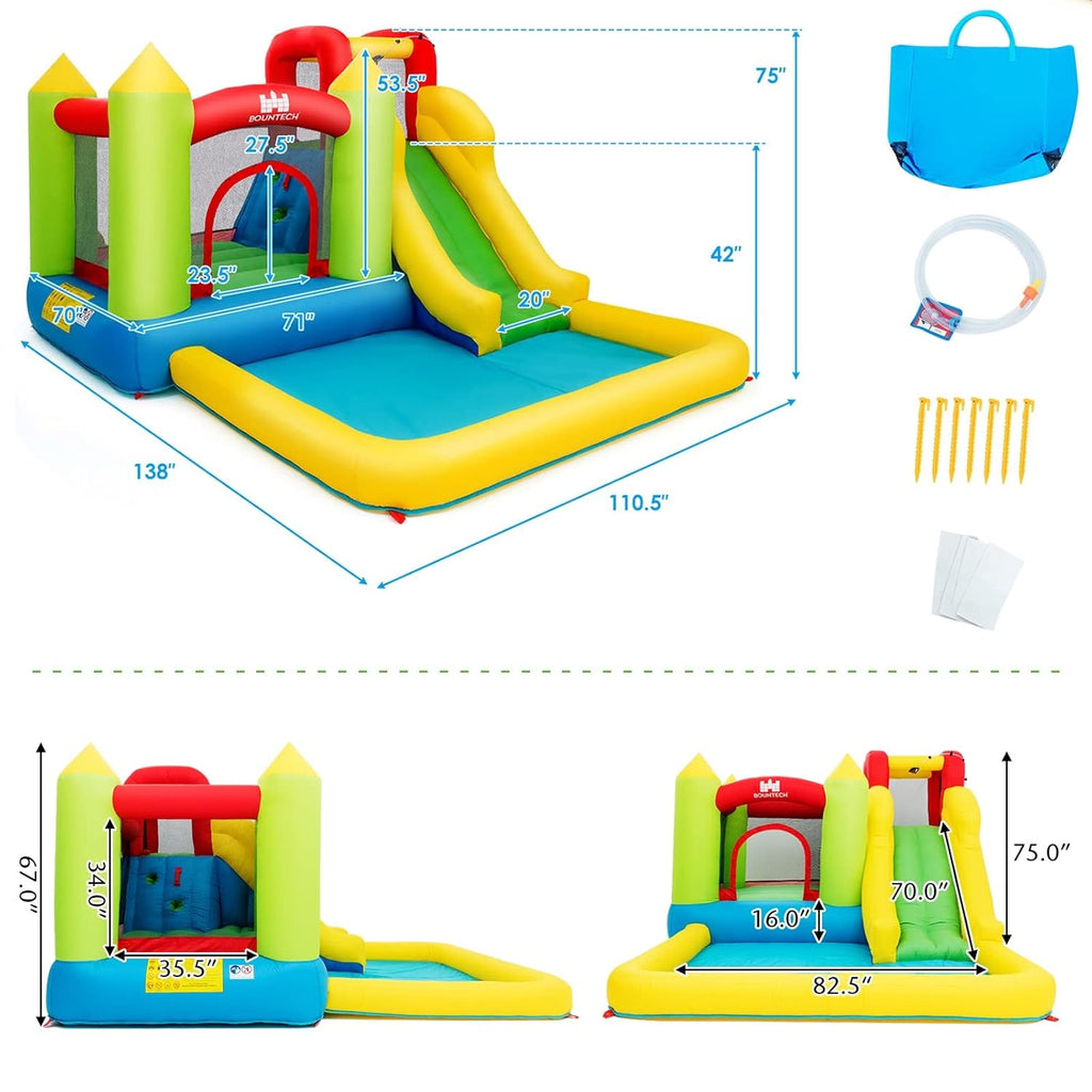 Costzon Inflatable Bounce House, Kids Water Slide with Climbing Wall, Jumping Area, Plash Pool, Including Oxford Carry Bag, Repairing Kit, Stakes, Hose (Without Blower)