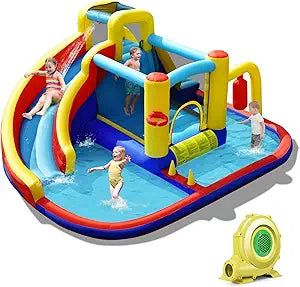 BOUNTECH Inflatable Water Slide, 6-in-1 Kids Water Park Jump Castle with 2 Splash Pools, Boxing, Water Slides Inflatables for Kids, Blow up Backyard Party Outdoor Water Slide Bounce House with Blower