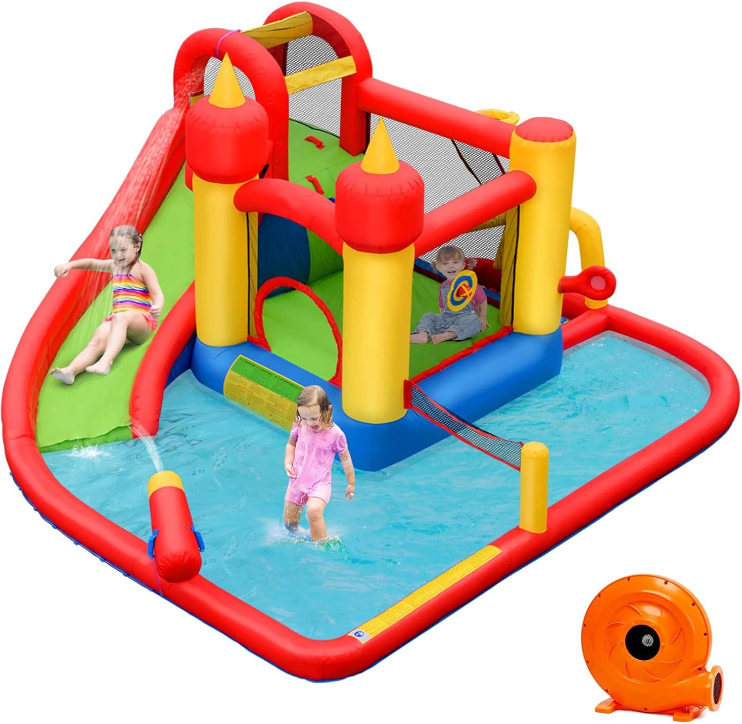 BOUNTECH Inflatable Water Slide, 6-in-1 Kids Water Park Jump Castle with 2 Splash Pools, Boxing, Water Slides Inflatables for Kids, Blow up Backyard Party Outdoor Water Slide Bounce House with Blower