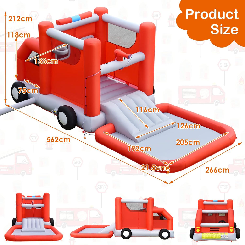 HONEY JOY Inflatable Water Slide, 4 in 1 Fire Truck Water Park Jumping Bounce House Wet Dry Combo with Splash Pool, Basketball Hoop, Inflatable Ball, Cab, Water Slides for Backyard (with 680W Blower)