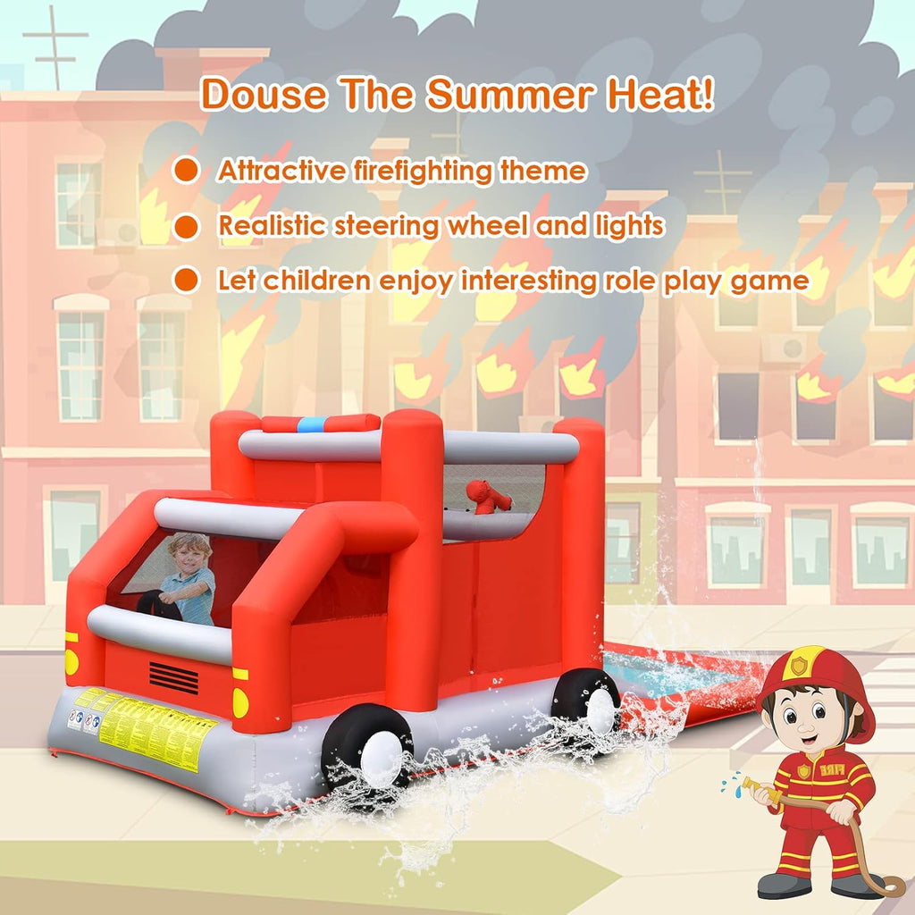 HONEY JOY Inflatable Water Slide, 4 in 1 Fire Truck Water Park Jumping Bounce House Wet Dry Combo with Splash Pool, Basketball Hoop, Inflatable Ball, Cab, Water Slides for Backyard (with 680W Blower)