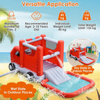 HONEY JOY Inflatable Water Slide, 4 in 1 Fire Truck Water Park Jumping Bounce House Wet Dry Combo with Splash Pool, Basketball Hoop, Inflatable Ball, Cab, Water Slides for Backyard (with 680W Blower)