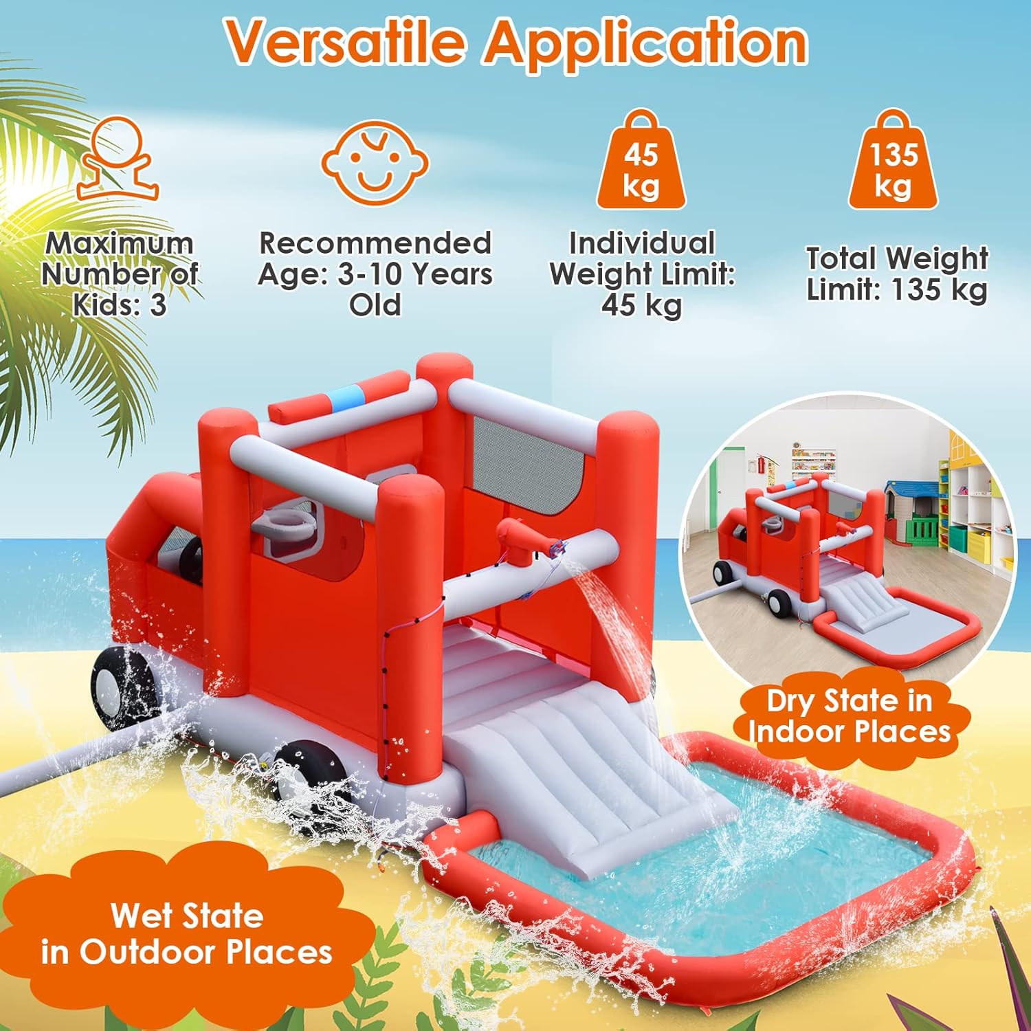HONEY JOY Inflatable Water Slide, 4 in 1 Fire Truck Water Park Jumping Bounce House Wet Dry Combo with Splash Pool, Basketball Hoop, Inflatable Ball, Cab, Water Slides for Backyard (with 680W Blower)
