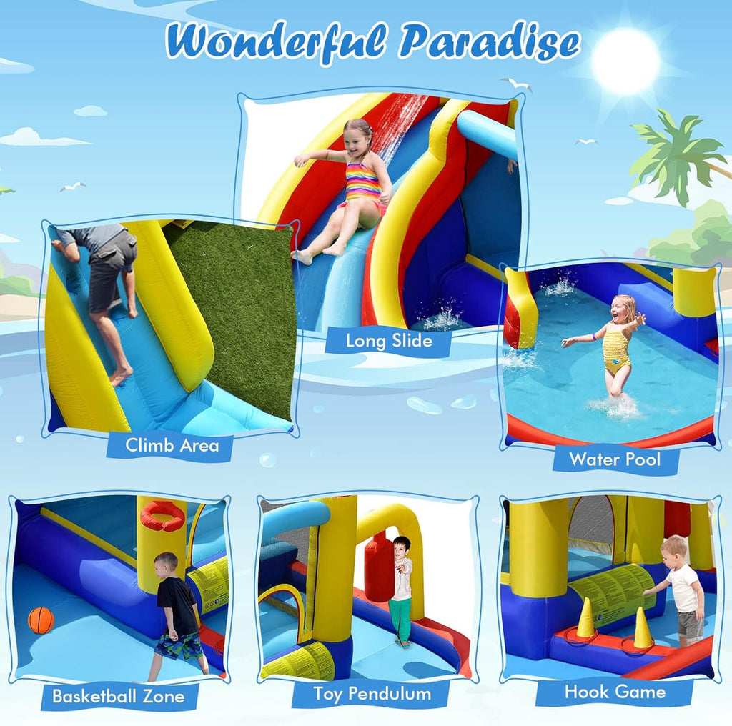 BOUNTECH Inflatable Water Slide, 6-in-1 Kids Water Park Jump Castle with 2 Splash Pools, Boxing, Water Slides Inflatables for Kids, Blow up Backyard Party Outdoor Water Slide Bounce House with Blower