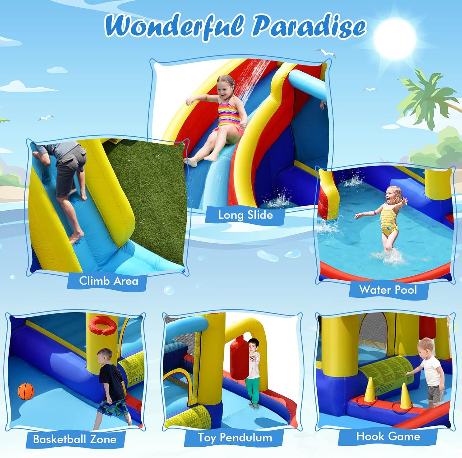 BOUNTECH Inflatable Water Slide, 6-in-1 Kids Water Park Jump Castle with 2 Splash Pools, Boxing, Water Slides Inflatables for Kids, Blow up Backyard Party Outdoor Water Slide Bounce House with Blower