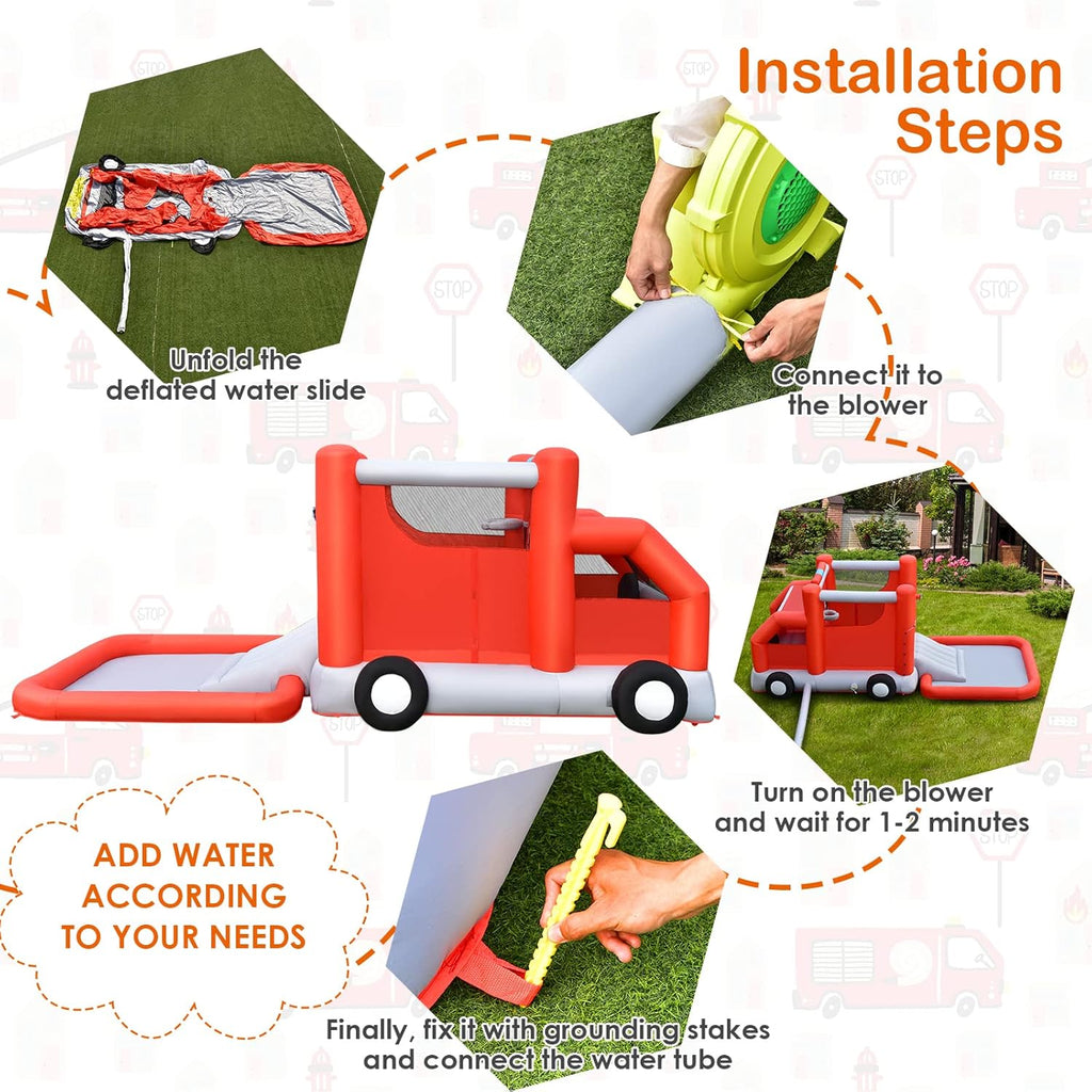 HONEY JOY Inflatable Water Slide, 4 in 1 Fire Truck Water Park Jumping Bounce House Wet Dry Combo with Splash Pool, Basketball Hoop, Inflatable Ball, Cab, Water Slides for Backyard (with 680W Blower)