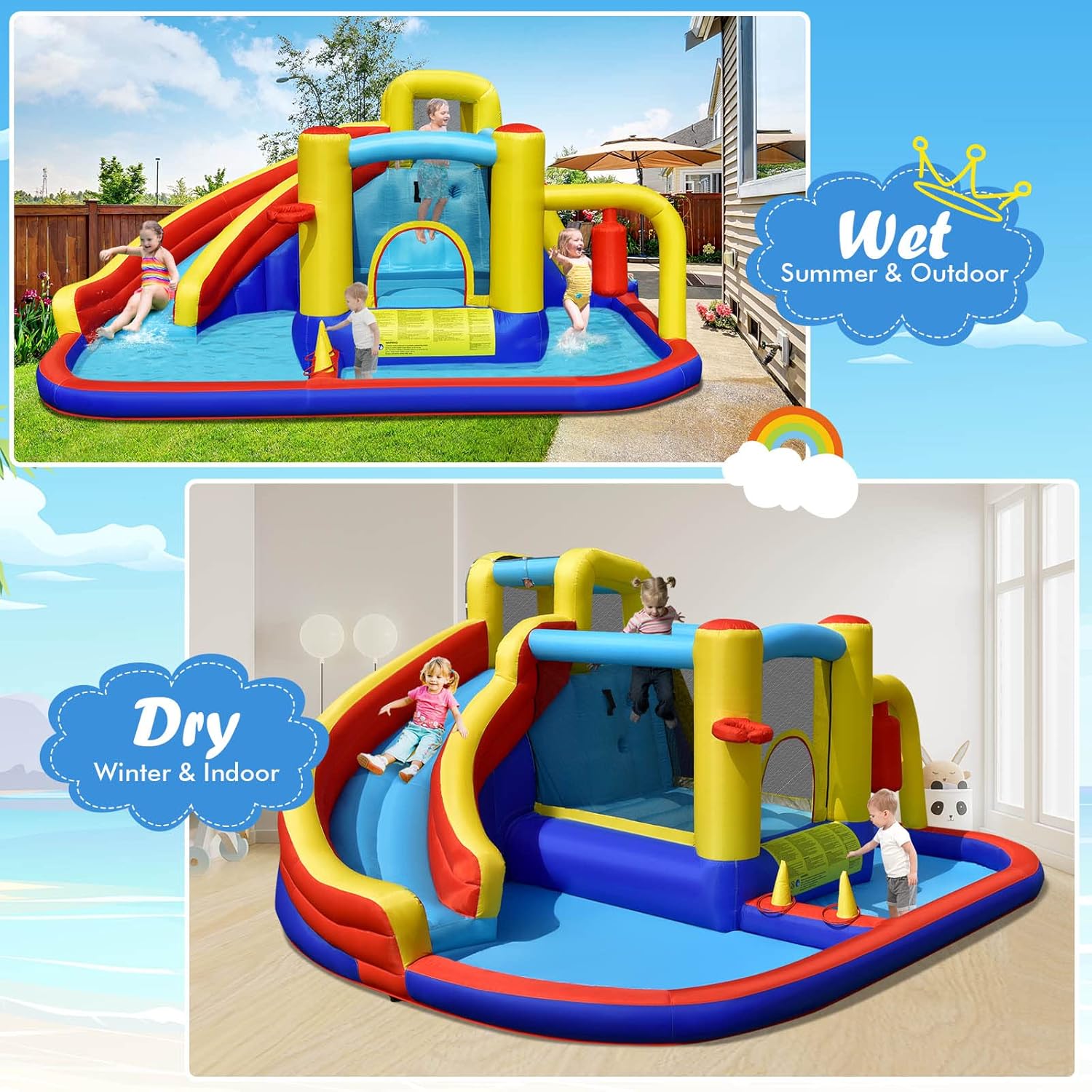 BOUNTECH Inflatable Water Slide, 6-in-1 Kids Water Park Jump Castle with 2 Splash Pools, Boxing, Water Slides Inflatables for Kids, Blow up Backyard Party Outdoor Water Slide Bounce House with Blower