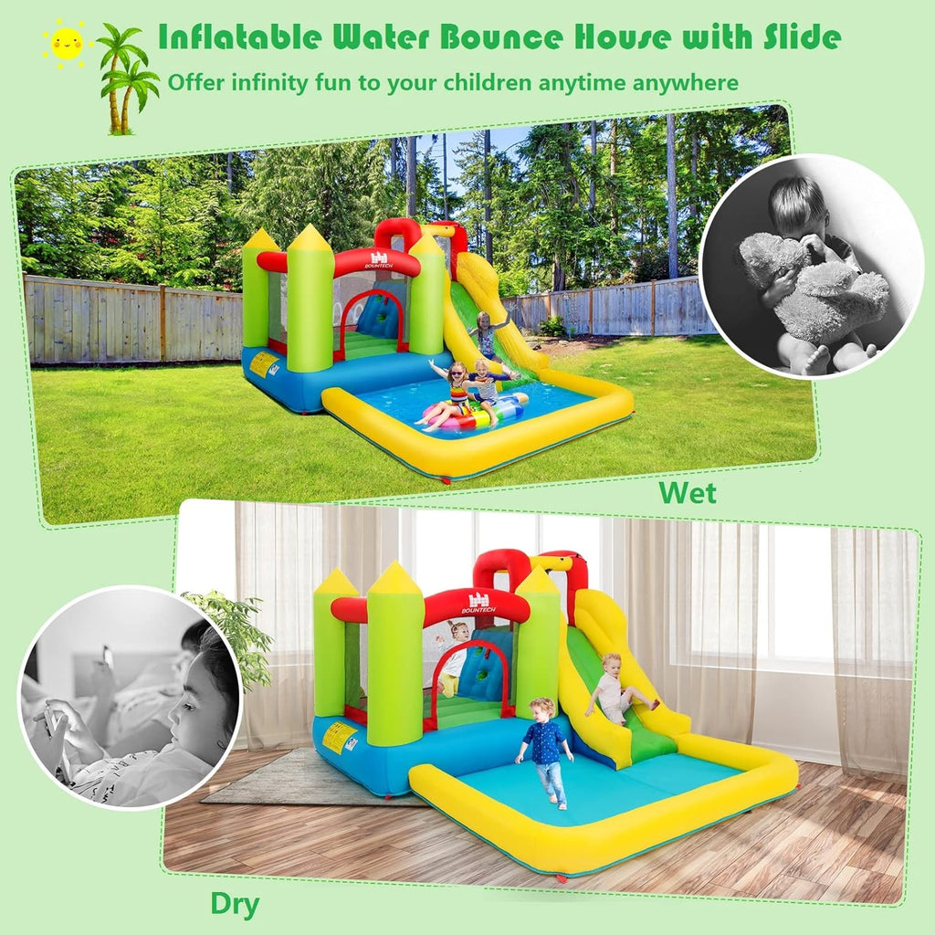 Costzon Inflatable Bounce House, Kids Water Slide with Climbing Wall, Jumping Area, Plash Pool, Including Oxford Carry Bag, Repairing Kit, Stakes, Hose (Without Blower)