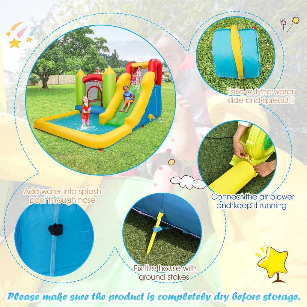 Costzon Inflatable Bounce House, Kids Water Slide with Climbing Wall, Jumping Area, Plash Pool, Including Oxford Carry Bag, Repairing Kit, Stakes, Hose (Without Blower)