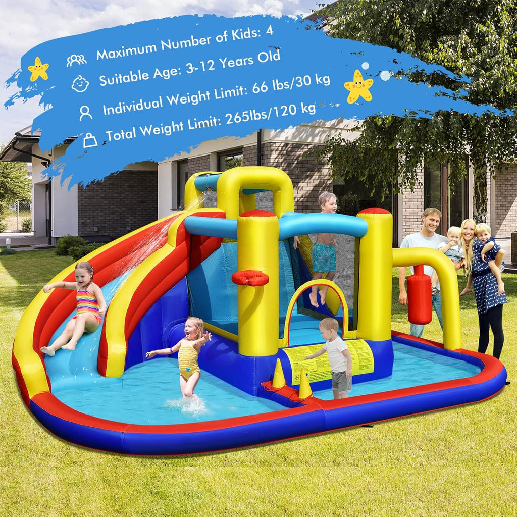 BOUNTECH Inflatable Water Slide, 6-in-1 Kids Water Park Jump Castle with 2 Splash Pools, Boxing, Water Slides Inflatables for Kids, Blow up Backyard Party Outdoor Water Slide Bounce House with Blower