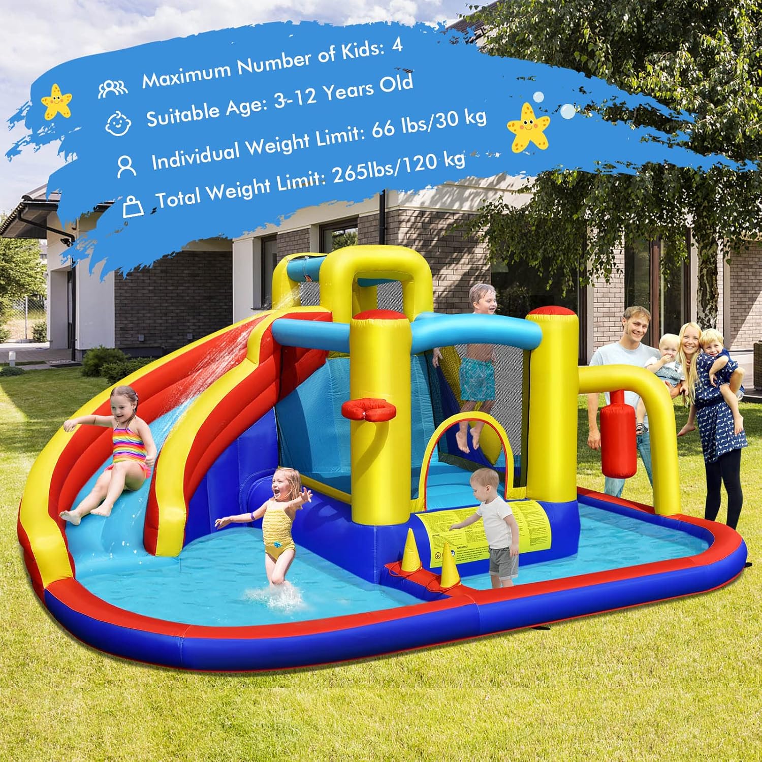 BOUNTECH Inflatable Water Slide, 6-in-1 Kids Water Park Jump Castle with 2 Splash Pools, Boxing, Water Slides Inflatables for Kids, Blow up Backyard Party Outdoor Water Slide Bounce House with Blower