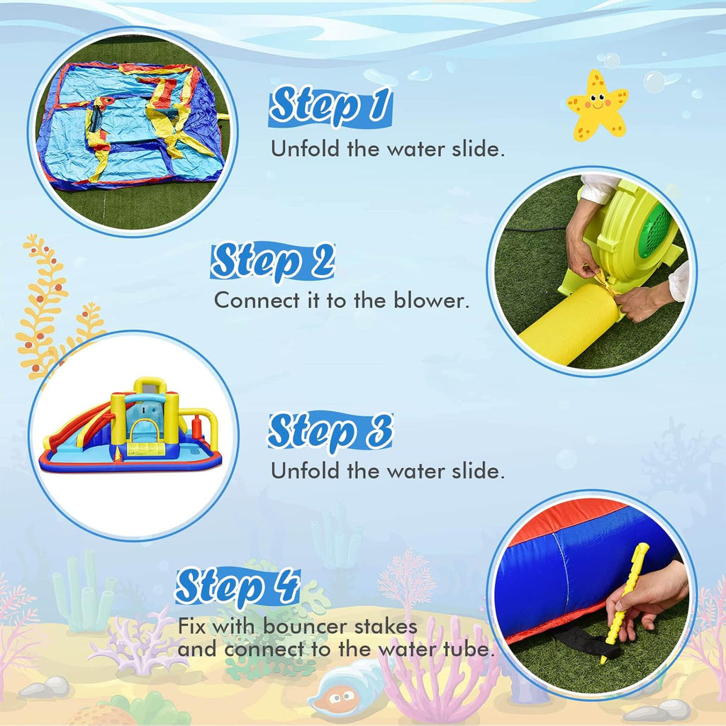 BOUNTECH Inflatable Water Slide, 6-in-1 Kids Water Park Jump Castle with 2 Splash Pools, Boxing, Water Slides Inflatables for Kids, Blow up Backyard Party Outdoor Water Slide Bounce House with Blower