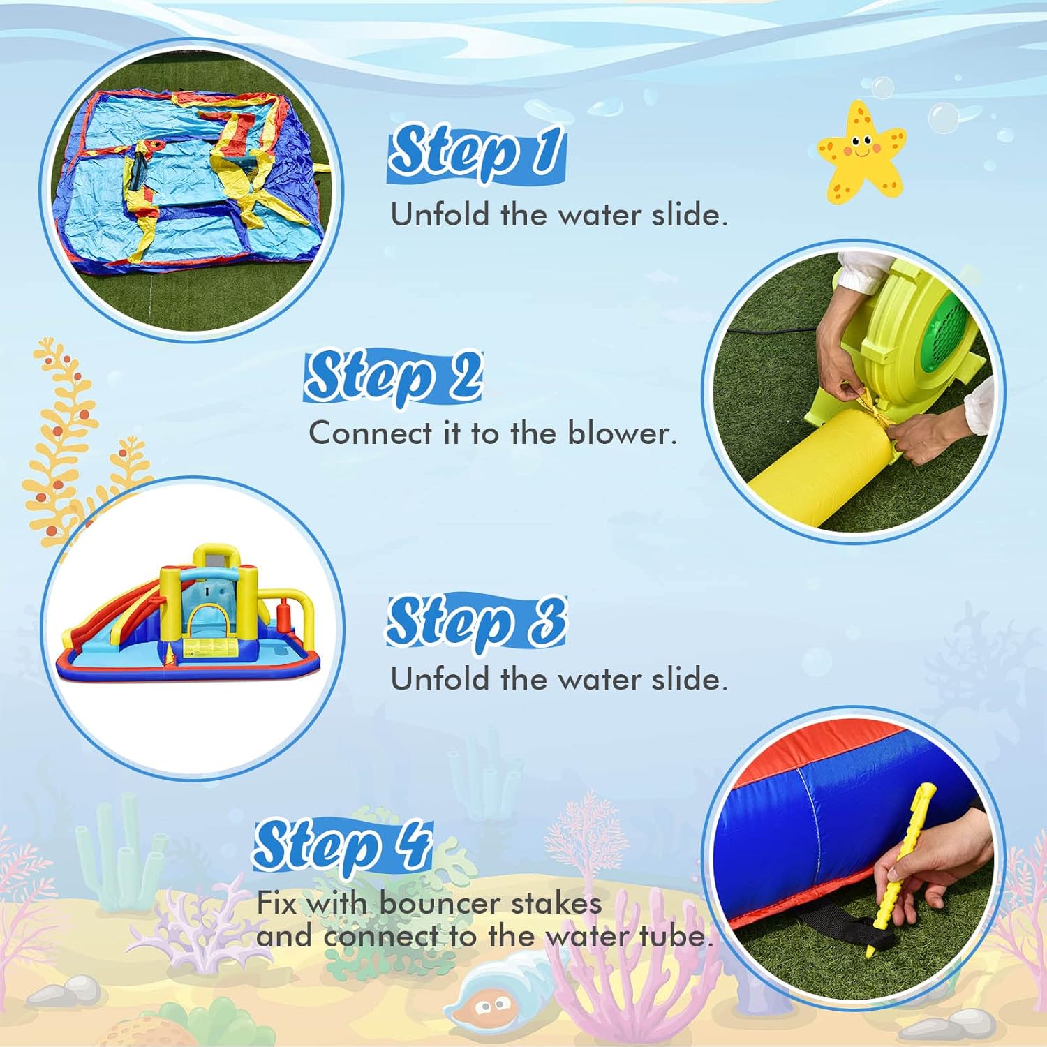 BOUNTECH Inflatable Water Slide, 6-in-1 Kids Water Park Jump Castle with 2 Splash Pools, Boxing, Water Slides Inflatables for Kids, Blow up Backyard Party Outdoor Water Slide Bounce House with Blower