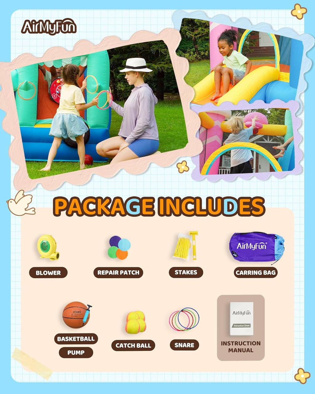 AirMyFun Inflatable Bounce House for Big Kids 8-12, Bouncy Castle for Kids 3-6 Toddler Bouncy House with Double Slide Ice Cream Theme
