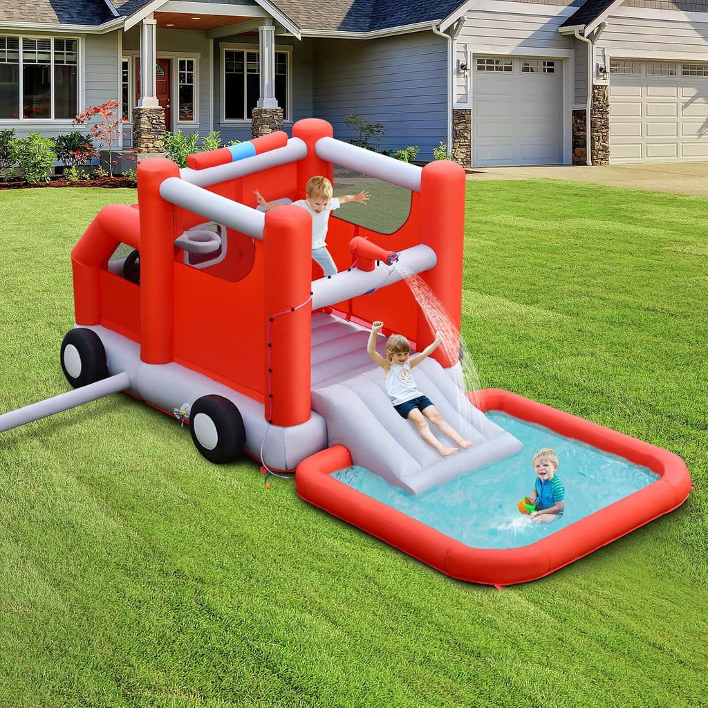 HONEY JOY Inflatable Water Slide, 4 in 1 Fire Truck Water Park Jumping Bounce House Wet Dry Combo with Splash Pool, Basketball Hoop, Inflatable Ball, Cab, Water Slides for Backyard (with 680W Blower)