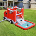 HONEY JOY Inflatable Water Slide, 4 in 1 Fire Truck Water Park Jumping Bounce House Wet Dry Combo with Splash Pool, Basketball Hoop, Inflatable Ball, Cab, Water Slides for Backyard (with 680W Blower)