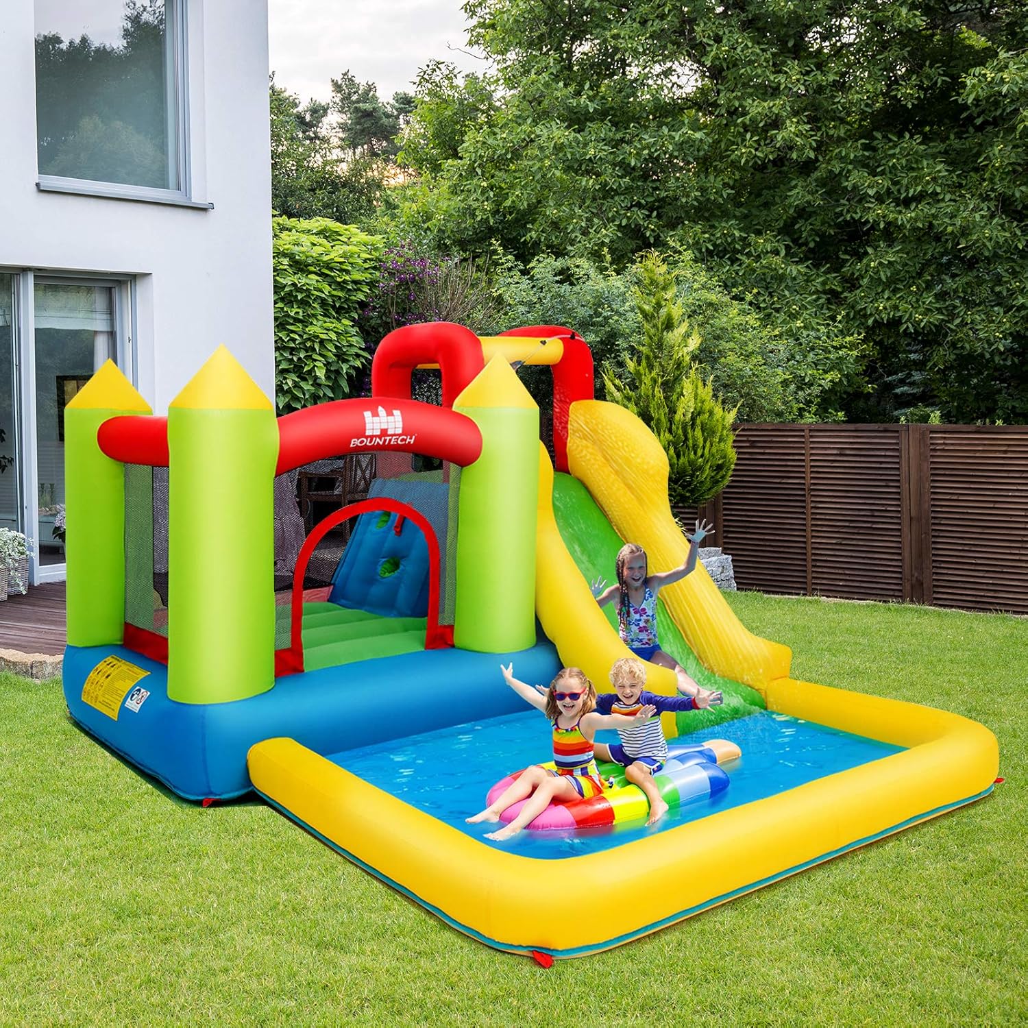 Costzon Inflatable Bounce House, Kids Water Slide with Climbing Wall, Jumping Area, Plash Pool, Including Oxford Carry Bag, Repairing Kit, Stakes, Hose (Without Blower)
