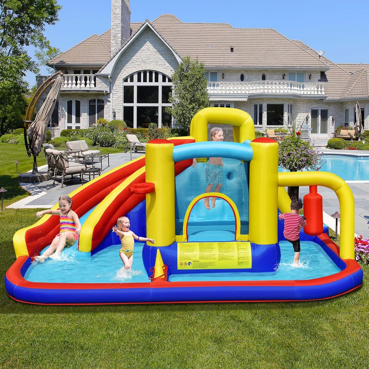 BOUNTECH Inflatable Water Slide, 6-in-1 Kids Water Park Jump Castle with 2 Splash Pools, Boxing, Water Slides Inflatables for Kids, Blow up Backyard Party Outdoor Water Slide Bounce House with Blower